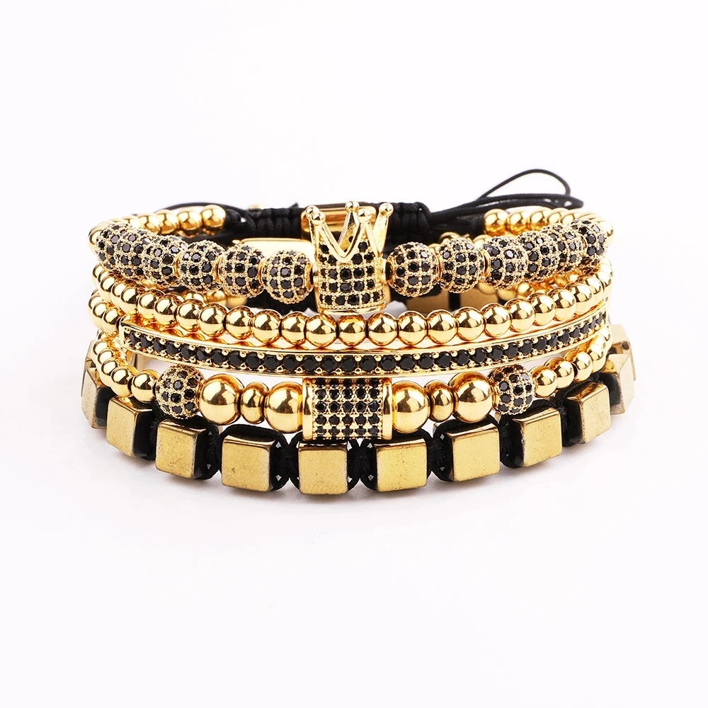 New Luxury CZ Pave Ball Crown Charm Stainless Steel Beads Macrame Adjustable Bracelet Set for Men JBS11652