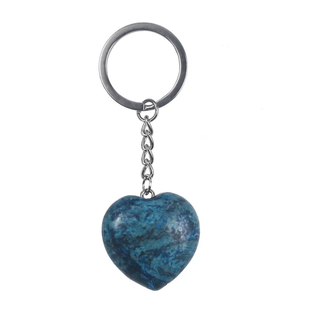 Diy Best selling low price natural stone_ Love Keychain Heart Pendant Gift Accessories Natural stone Colored blue agate key chain Folk Crafts