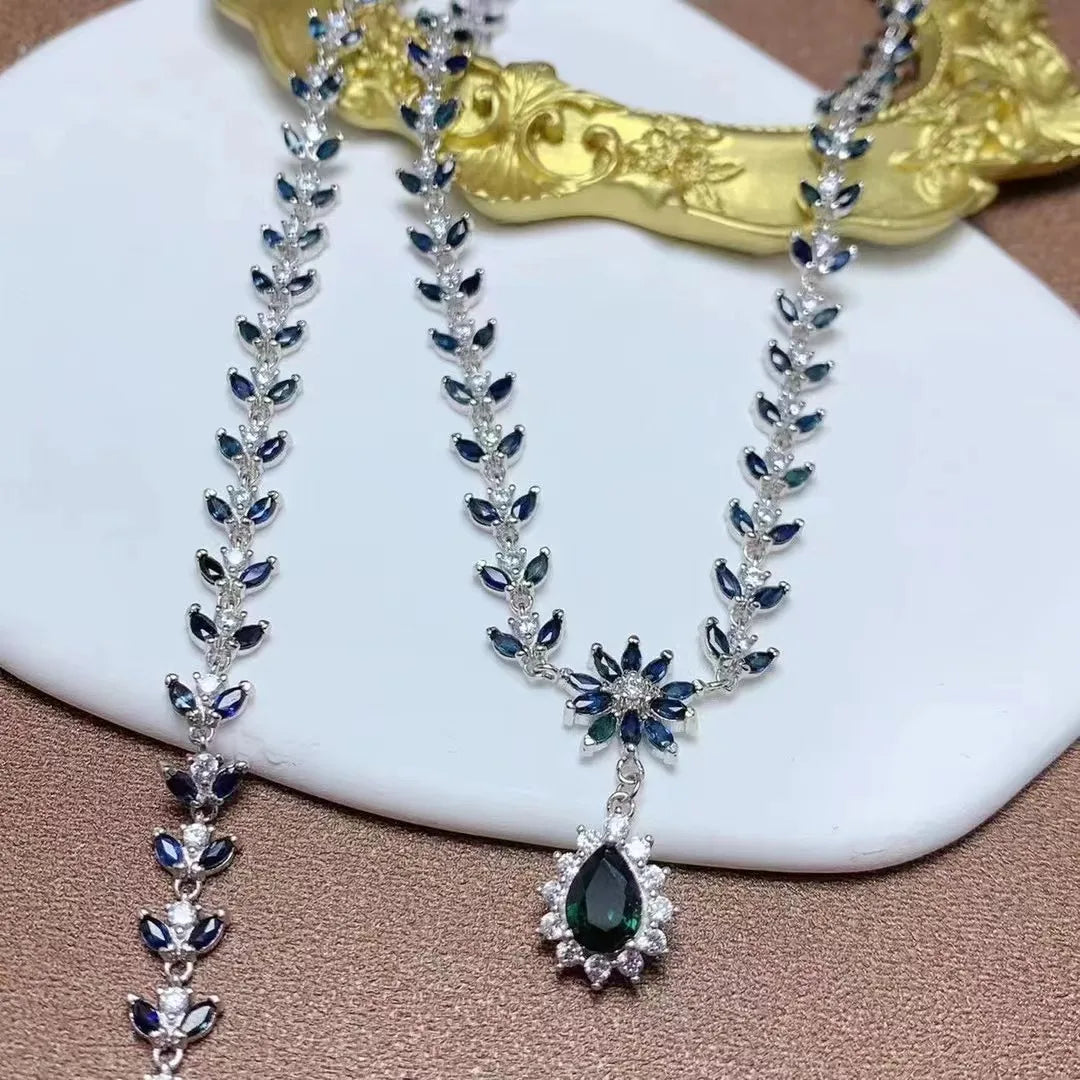 Hot Sale Indian Bridal 925 Sterling Silver Natural Sapphire Wedding  Stand Display Jewelry Set Wholesale