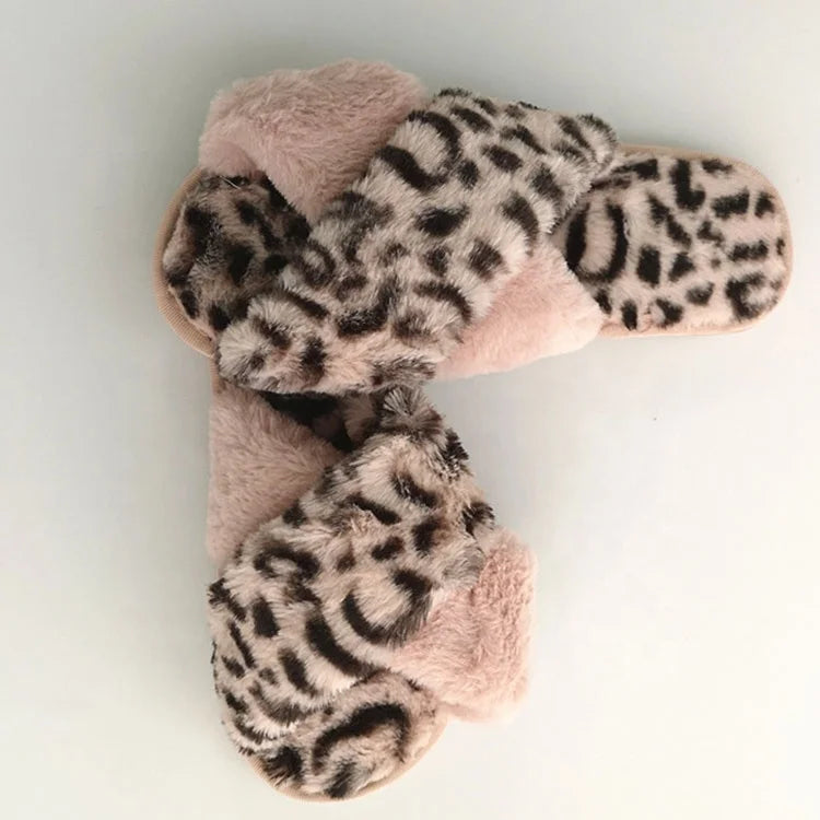 Hot Selling Women's Indoor Fluffy Faux Fur for Slippers Plus Size Leopard Print Soft Flat Bottom Warm for Spring Season