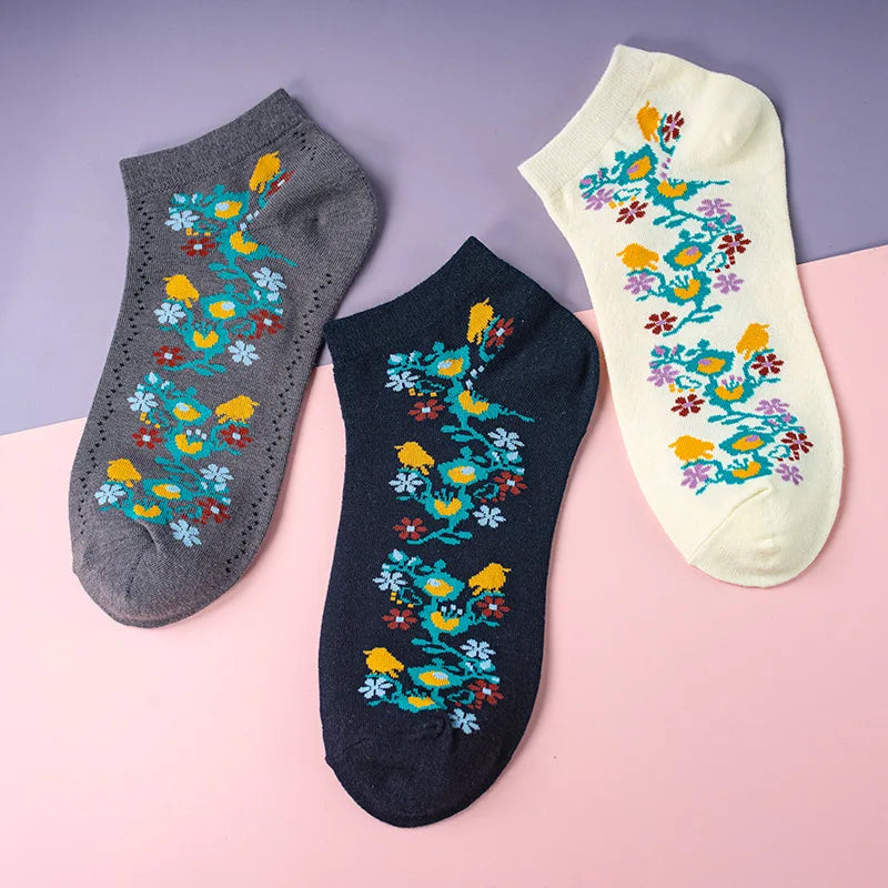 Hot Sale Vintage Flower Ankle Socks for Women Spring/Summer New Fashion Short Cotton Tidal Socks Anti-Slip Ladies' Boat Socks
