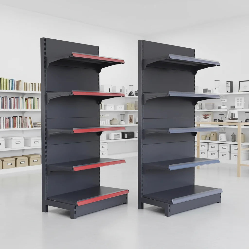 LOW MOQ Dark Gray Heavy Duty Metal Supermarket Display Shelves with Double-Sided Design and Quick Installation