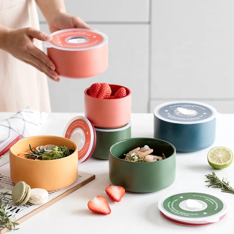 Hot Selling Ceramic Fresh-keeping Bowl with Lid Microwave Heating Noodle Ceramic Serving Bowls with Lids