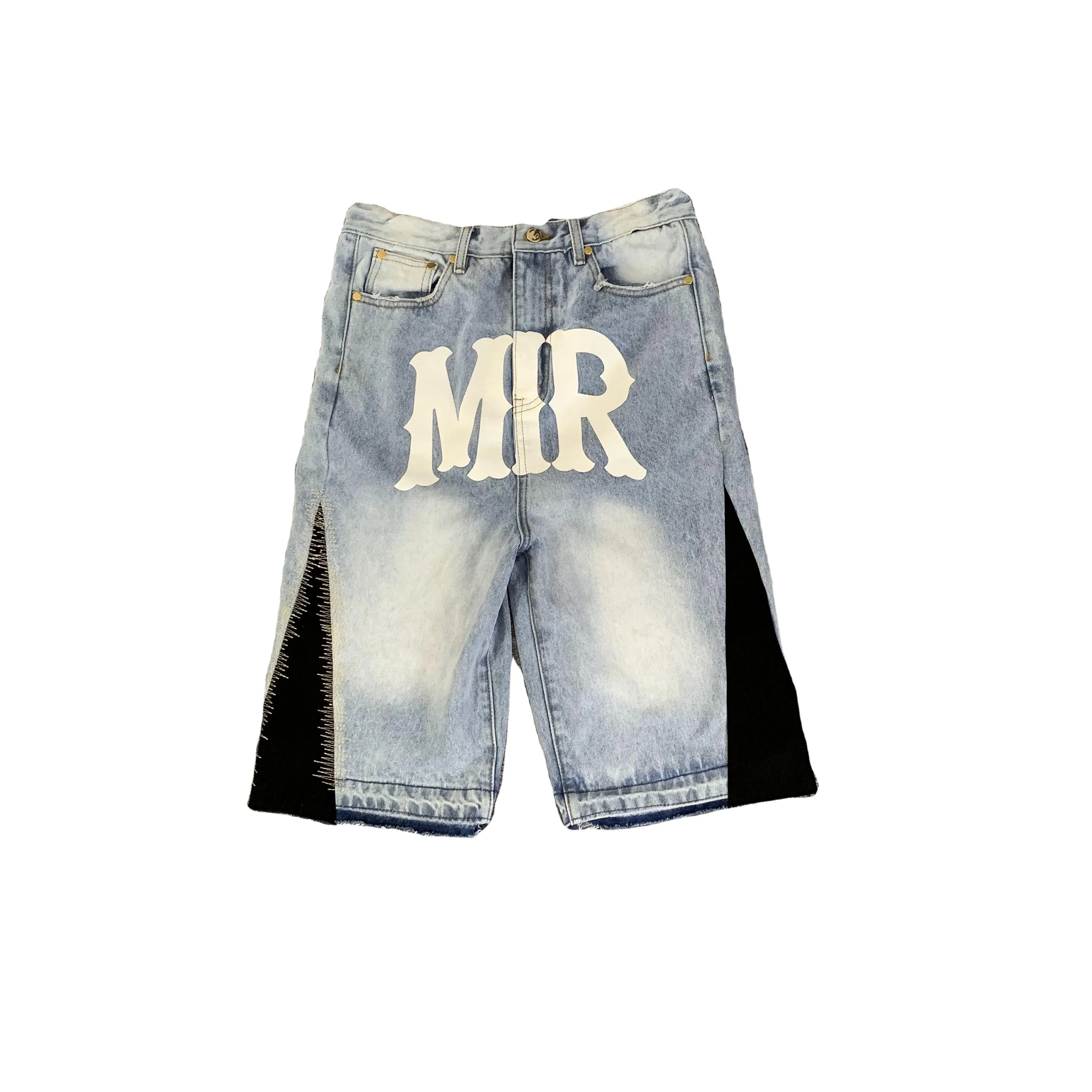 DENIMGUYS Men's Y2k Jeans Shorts Custom Logo Raw Hem Cut Edge Knee Length Vintage Washed Loose Denim Shorts for Men