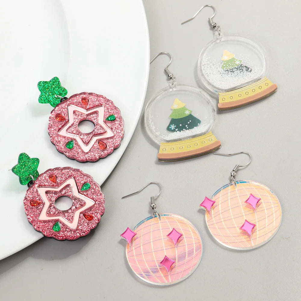 Trendy Cute Crystal Ball Christmas Tree Laser Round Earth Star Sweet Doughnut Glitter Pink Girl Gift Acrylic Dangling Earrings