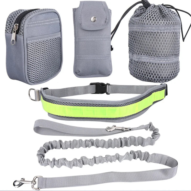Adjustable Hands-Free Running Dog Leash Set with Reflective Belt and Waist Bag Nylon Striped