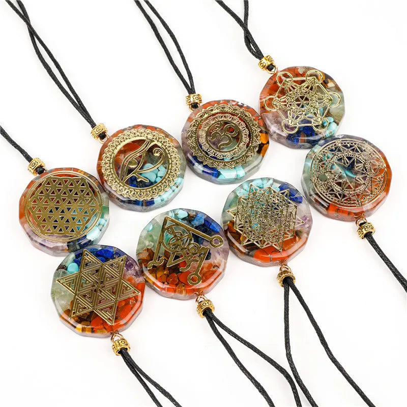 Natural 7 Chakra Healing Pendant with Stone Chips Balancing Energy Necklace on Rope Chain for Anniversary Occasions