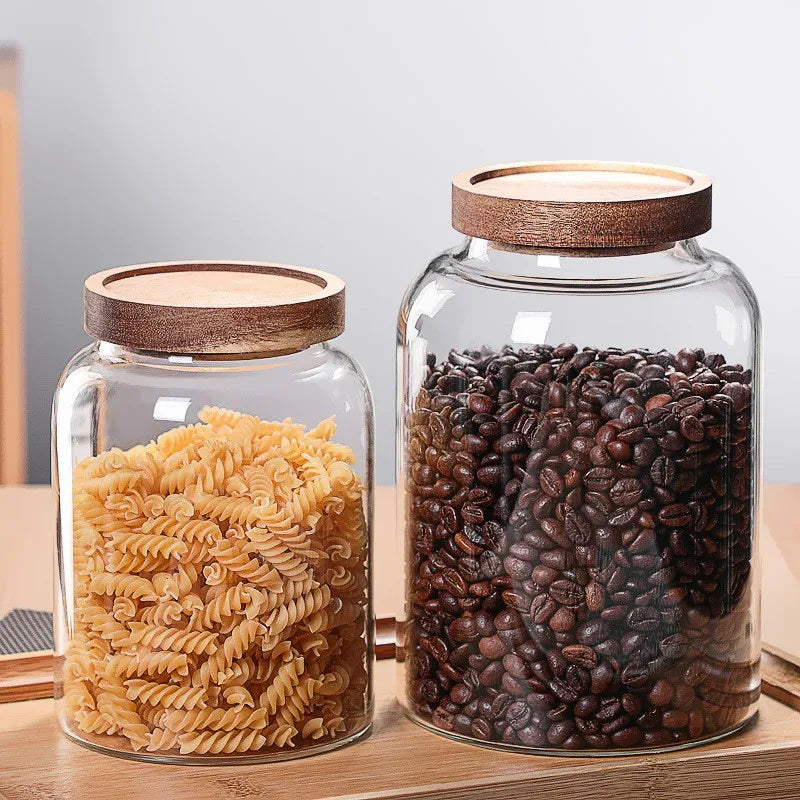 Large Round Borosilicate Glass Food Storage Jar with Acacia Wood Lid Custom Logo Airtight for Pantry Spice and Coffee Storage