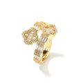 New Gold Rose Silver Hip Hop Cuff Ring with Cut Baguette Prong Stones Four Leaf Clover & Pinky Adjust Jewelry Gift Iced CZ Style