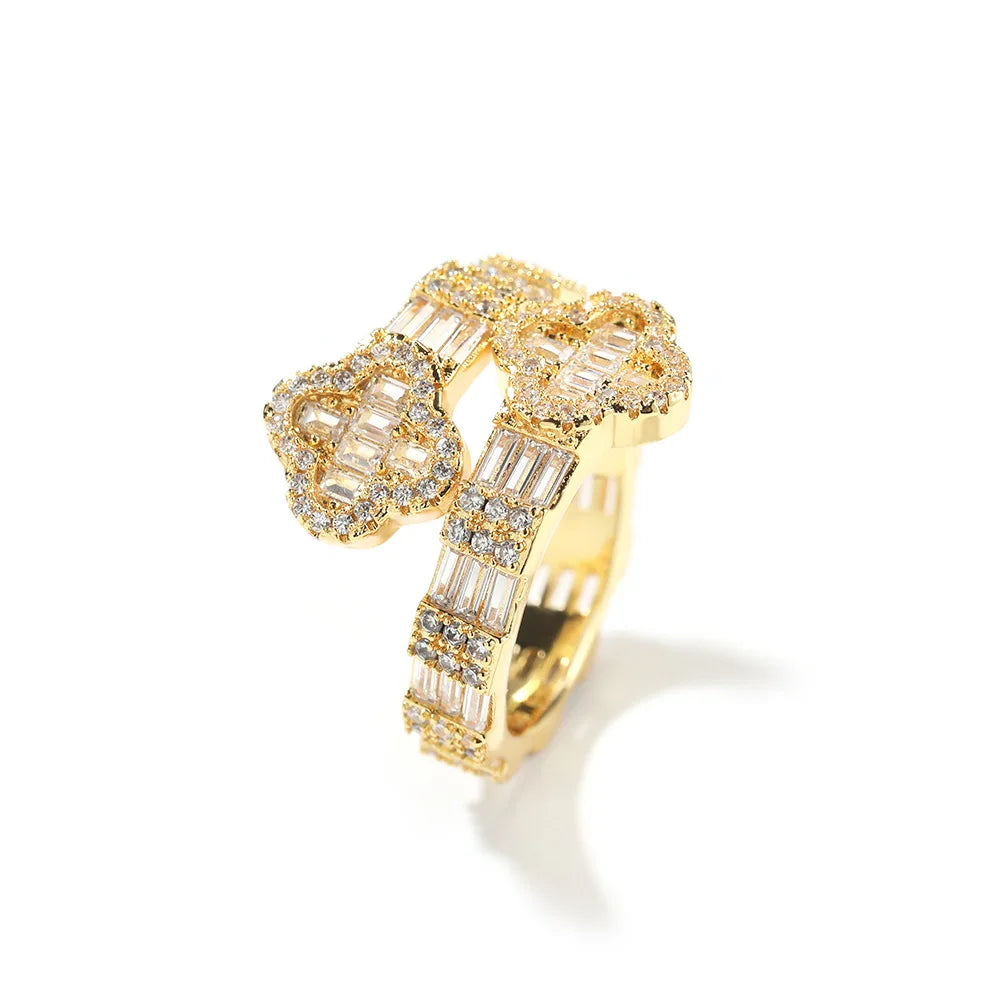 New Gold Rose Silver Hip Hop Cuff Ring with Cut Baguette Prong Stones Four Leaf Clover & Pinky Adjust Jewelry Gift Iced CZ Style