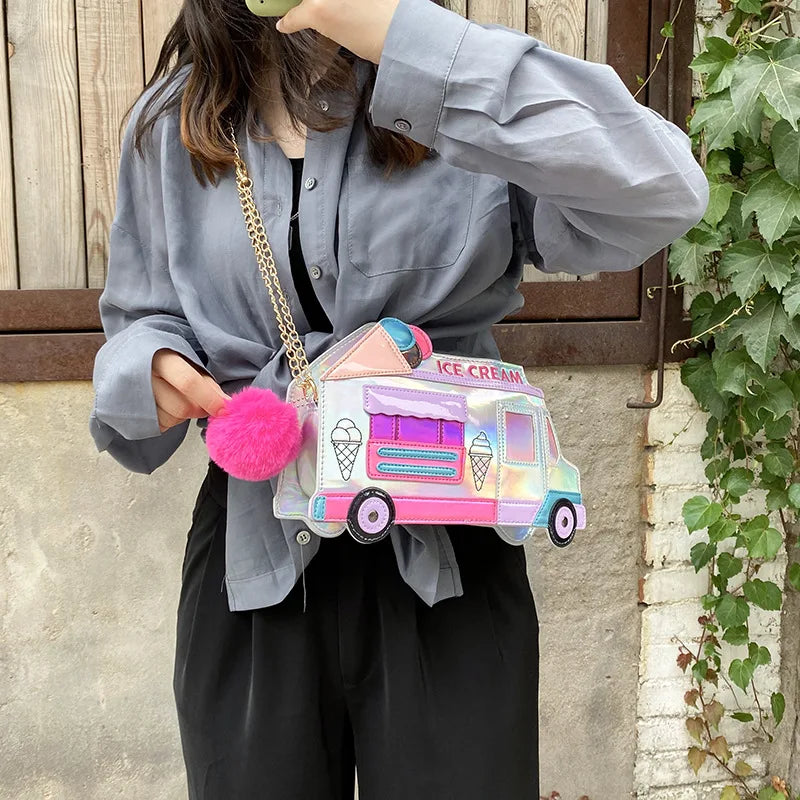 Novelty Design Women's Ice Cream Van Shaped Shoulder Bag Creative Chain Crossbody Bags Handbags Cute Purses with Furry Ball MegaBDM