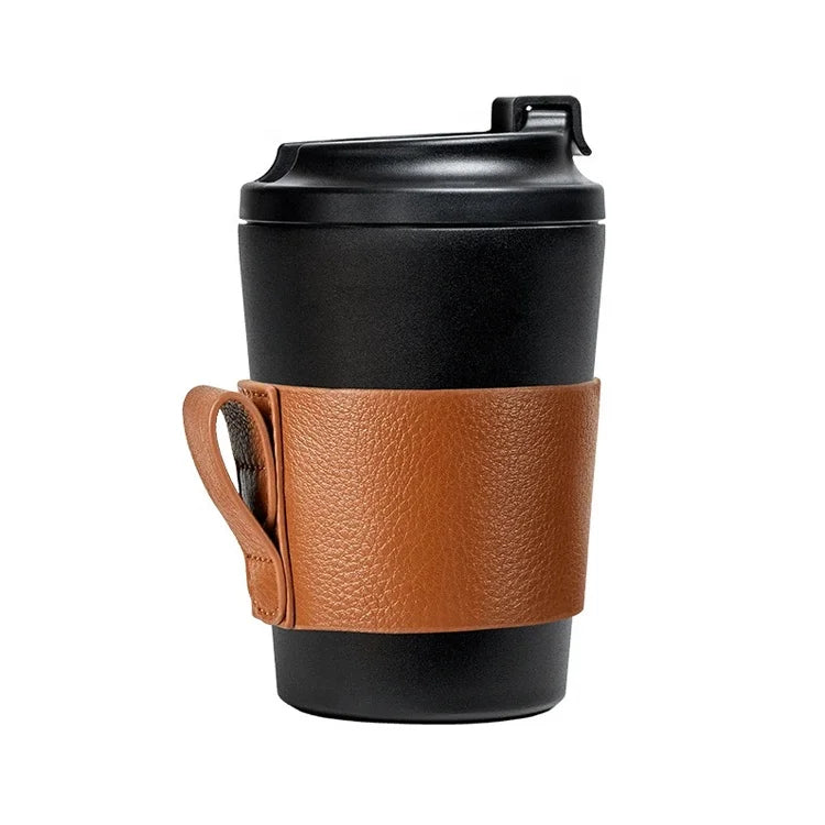 Customized Portable Car Tumbler With Lid Travel Stainless Steel Coffee Mug Removable  Leather 12oz Coffee Cup With Sleeve
