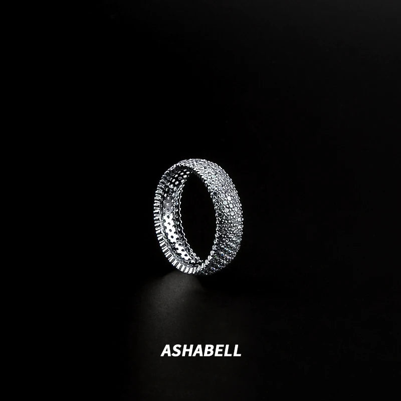 ASHABELL S925 Sterling Silver Cluster Rings Full Diamond Inlaid Zircon Ring Unisex American Rap Hiphop Ring