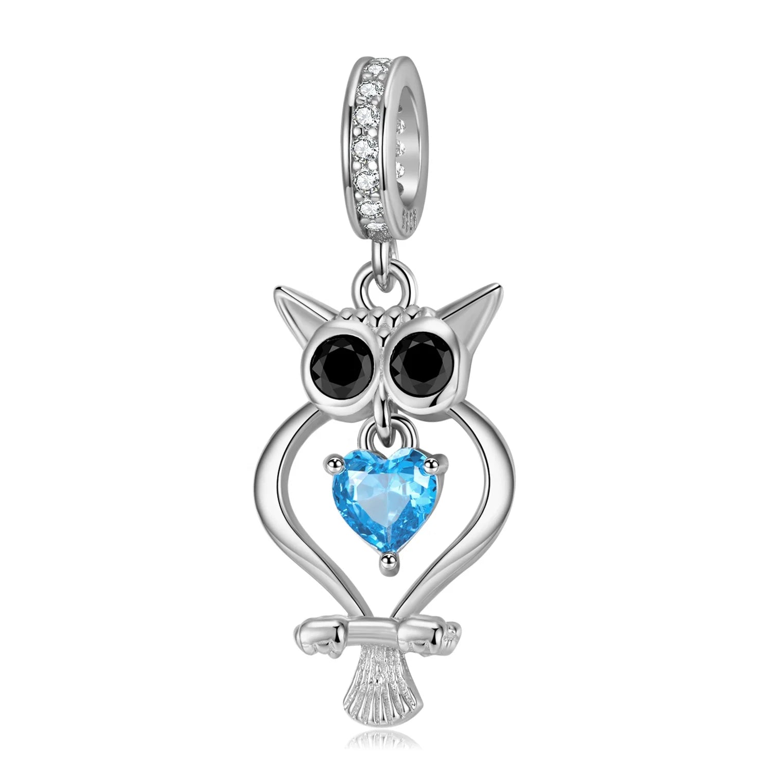 Blue Zircon Owl Openwork Pendant Authentic 925 Sterling Silver Beads for Women Jewelry Charm Bracelet Wholesale Fine Accessory