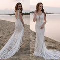 13508# Chic Spaghetti Straps V-Neck Sleeveless Backless Mermaid Lace Simple Bohemian Beach Wedding Dress Bridal Gown
