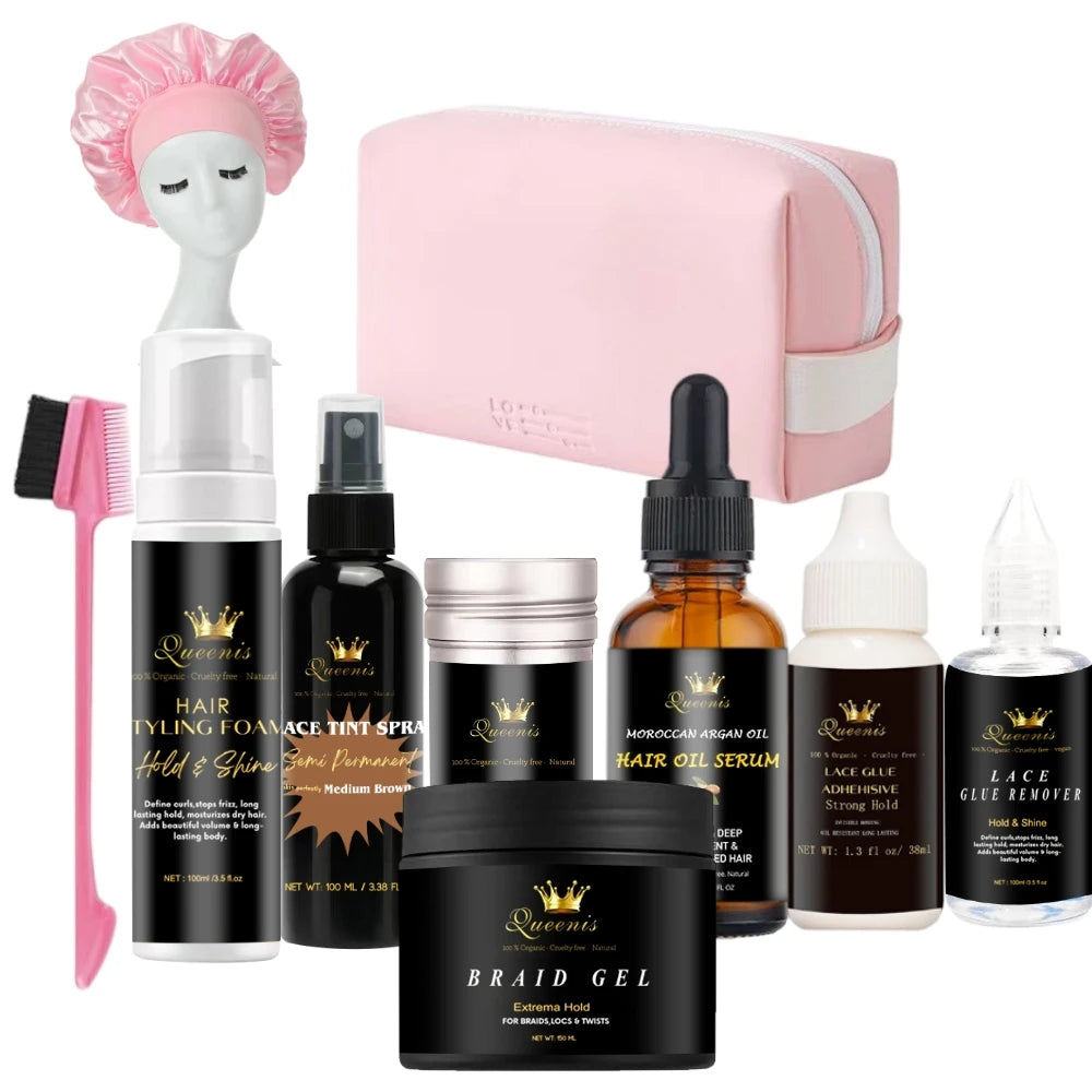 Queenis Private Brand Alcohol-Free Natural Herbal Hair Product Set for Hair Extensions with Wig Lace Kit