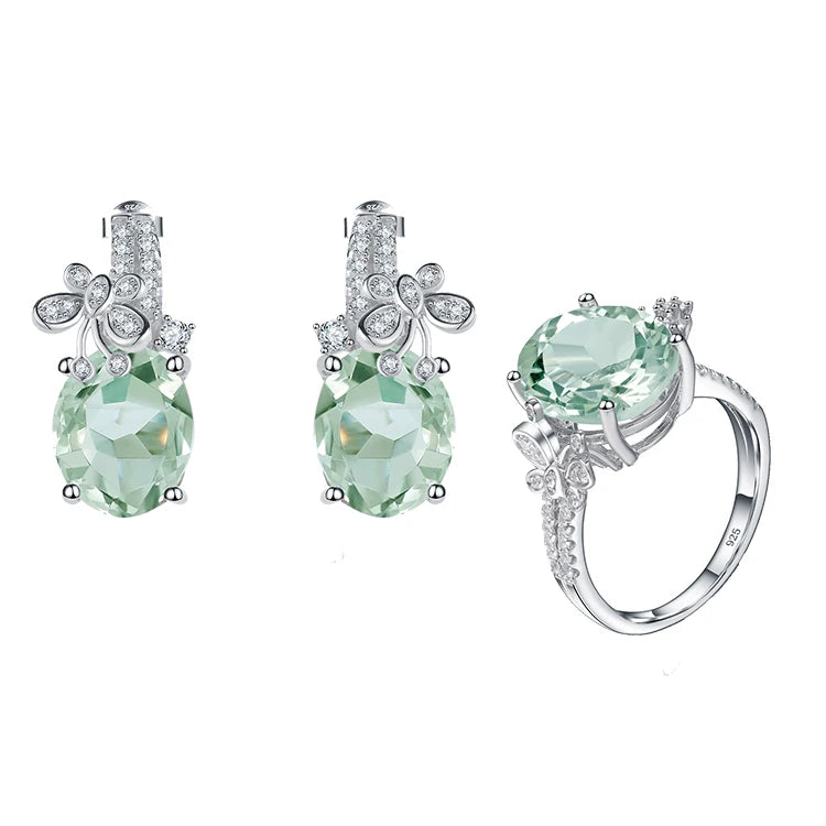 Abiding High Grade Green Amethyst Gemstone White Cz Butterfly 925 Sterling Silver Earrings Ring Jewelry Set for Girlfriends