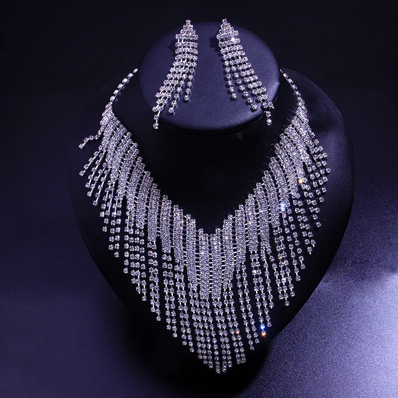 Light Luxury Bling Jewelry Set Tassel Rhinestone Crystal Necklace Earrings Jewelry Set Bridal Wedding Jewelry Sets
