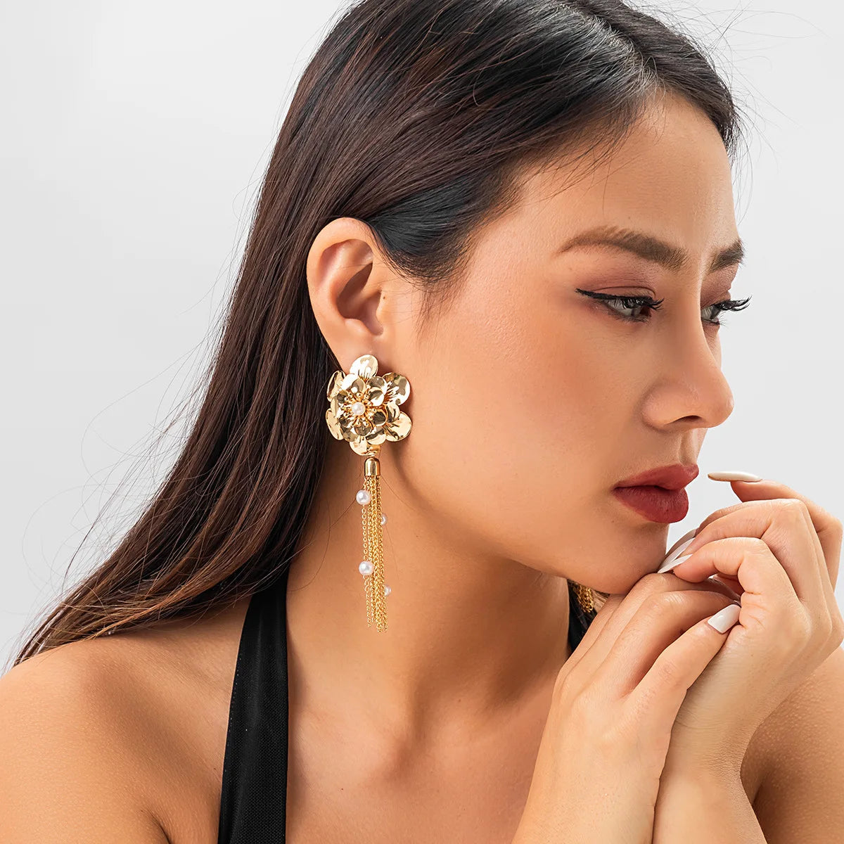 Cross border jewelry from Europe America gold flower imitation pearl earrings charming temperament chain long earrings