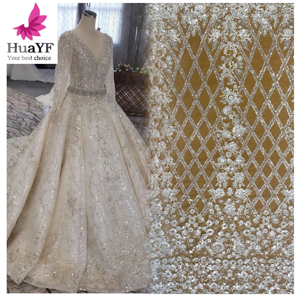 Bridal French Lace Dress 2021 New Fashion African 3d With Mirror Sequence Wedding Beaded Lace White Fabric HY1448-1 Mesh Fabric