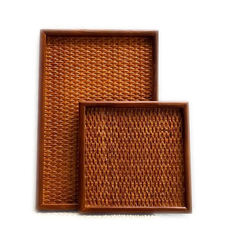 Wholesale Custom Rectangle Flat Plate Fraxinus Chinensis Wood Serving Rattan Tray