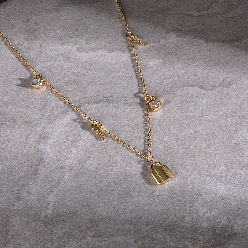Daidan Ladies Choker Charm Sterling Silver Key 18K Gold Plated Zircon Lock Necklaces