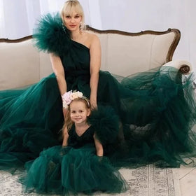 S8380F 2026High -quality Hot -selling Dark Green Shoulder Gauze Parent -child Dressing Birthday Party Sleepwear Women Plus Size