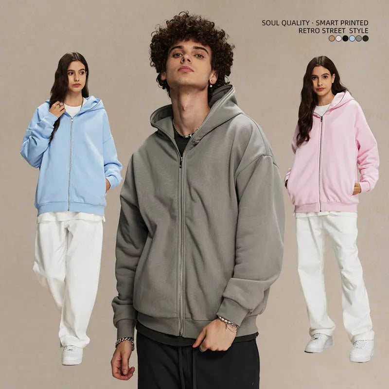 SHINBENE 430GSM Winter Thermal Fleece Full Zip Jacket Leisure Unisex Hooded Jacket Coat Plus Size