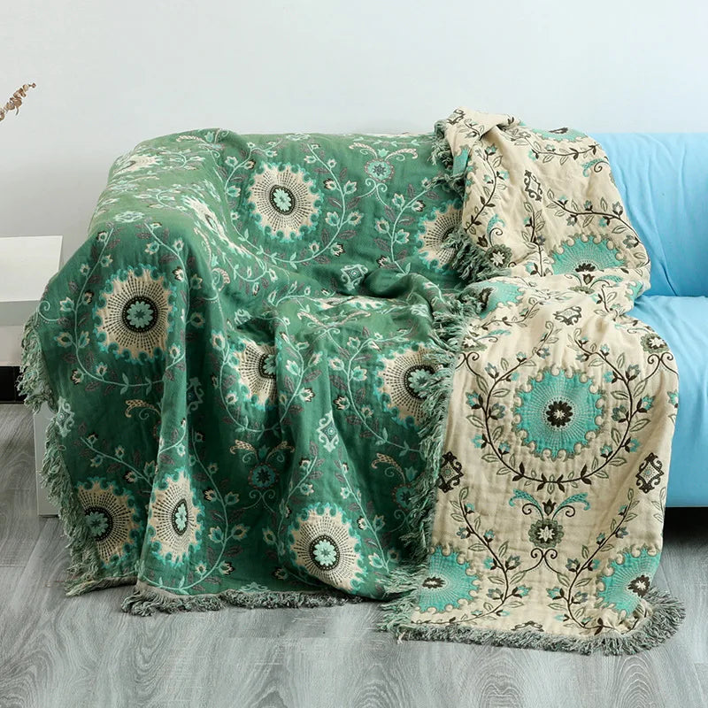 Nordic Throw Blanket Cotton Gauze Boho Sofa Towel Summer air Conditioning Green Flower Blanket With Tassels/