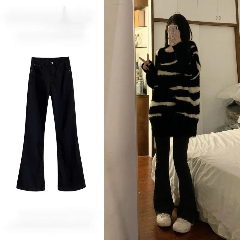 Women Streetwear All-Match Casual Pants New Female Y2K High Waist Denim Flared Jeans Fashion Black Jeans Woman