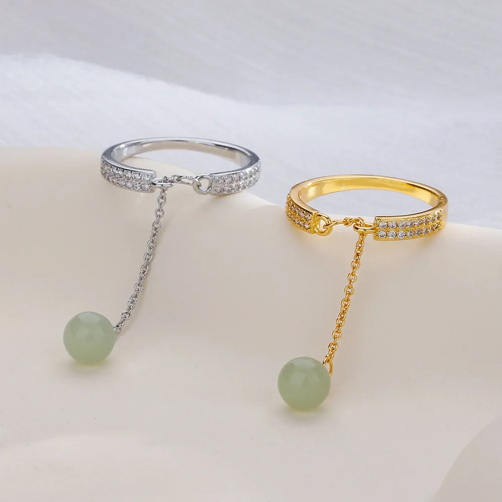 European and American Open Adjustable Ring Female Rhinestone Pull-out Ring with Hetian Jade Tassel