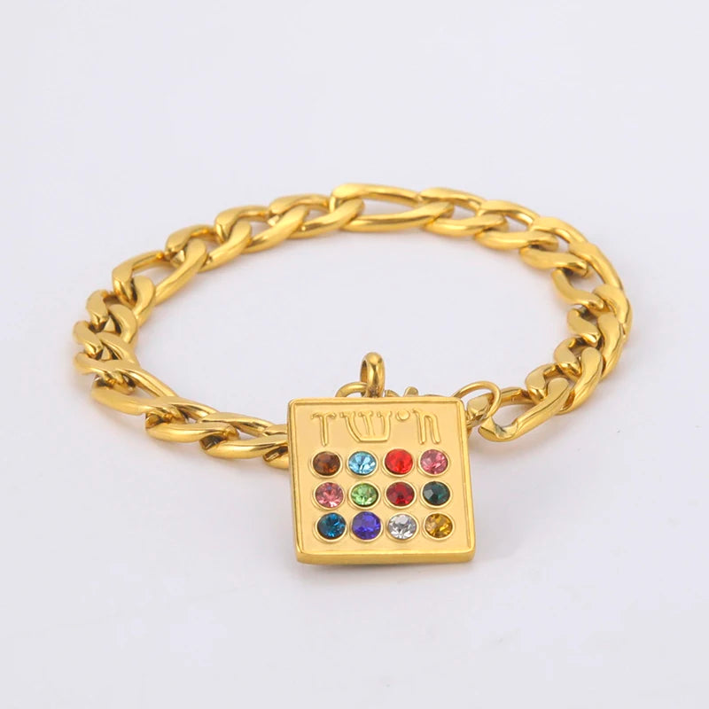 Fashion Women Stainless Steel 12 Birthstone Bracelet Gold Plated Figaro Chain Birthstone Charm Fancy Chain Bracelet for Girls