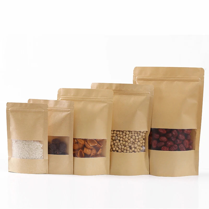 Matte Kraft Resealable Paper Pouches With Zipper and Frost Windows Custom White Dark Blue Kraft Paper Stand up Pouch Packaging