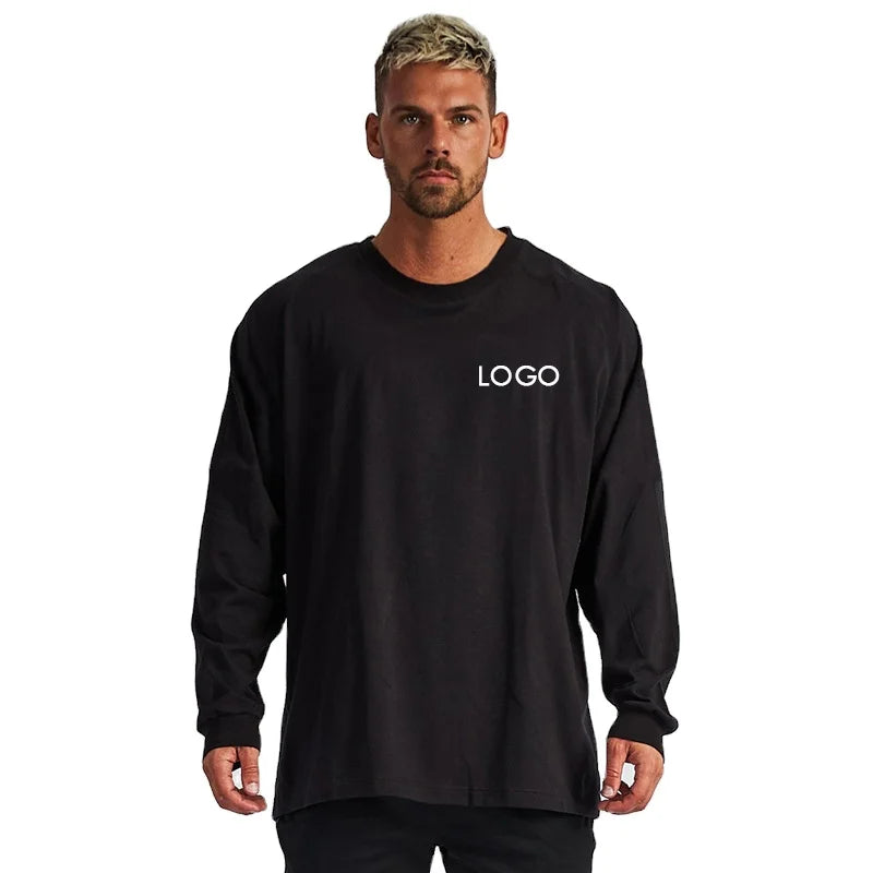 Custom Logo Loose Workout Oversize T Shirt Cotton Printing Blank Plain Long Sleeve T-shirts for Men