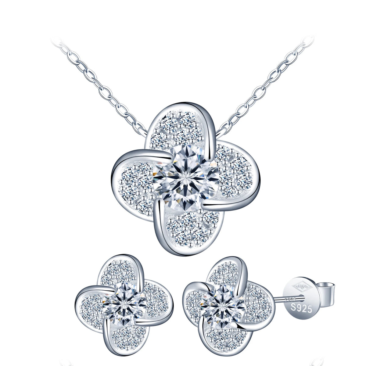 New 925 Silver Moissanite Diamond Fashion Jewelry Set Lucky Four Leaf Flower Clover Design Necklace Engagement Party Anniversary MegaBDM