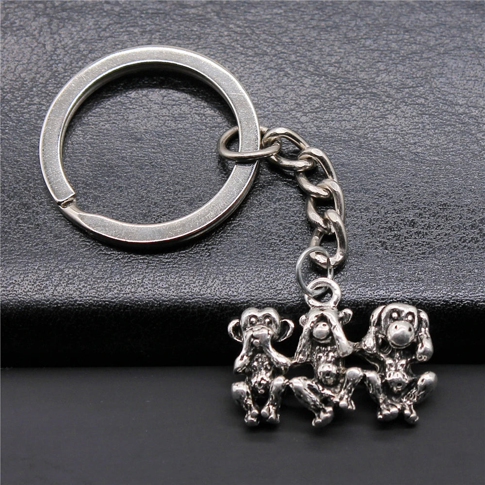 WYSIWYG 19x25mm Zinc Alloy Antique Silver Plated Three Wise Monkeys Key Chain Souvenirs Gift for Women P1-ABD-C13435
