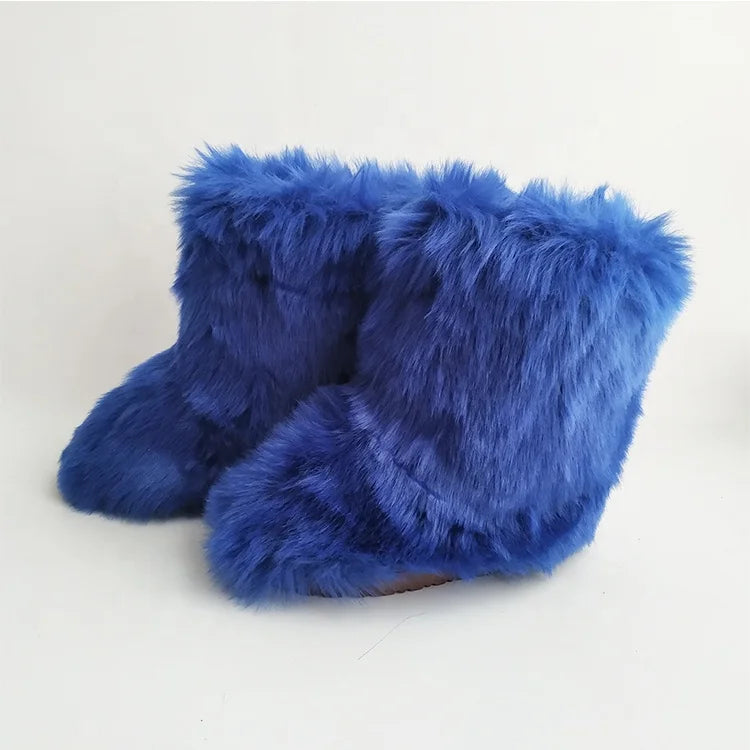2021 Fall Winter Many Colors Handmade Custom Mom Children 3 Pcs Set Women Ladies Kids Plush Faux Fur Blue Snow Boots