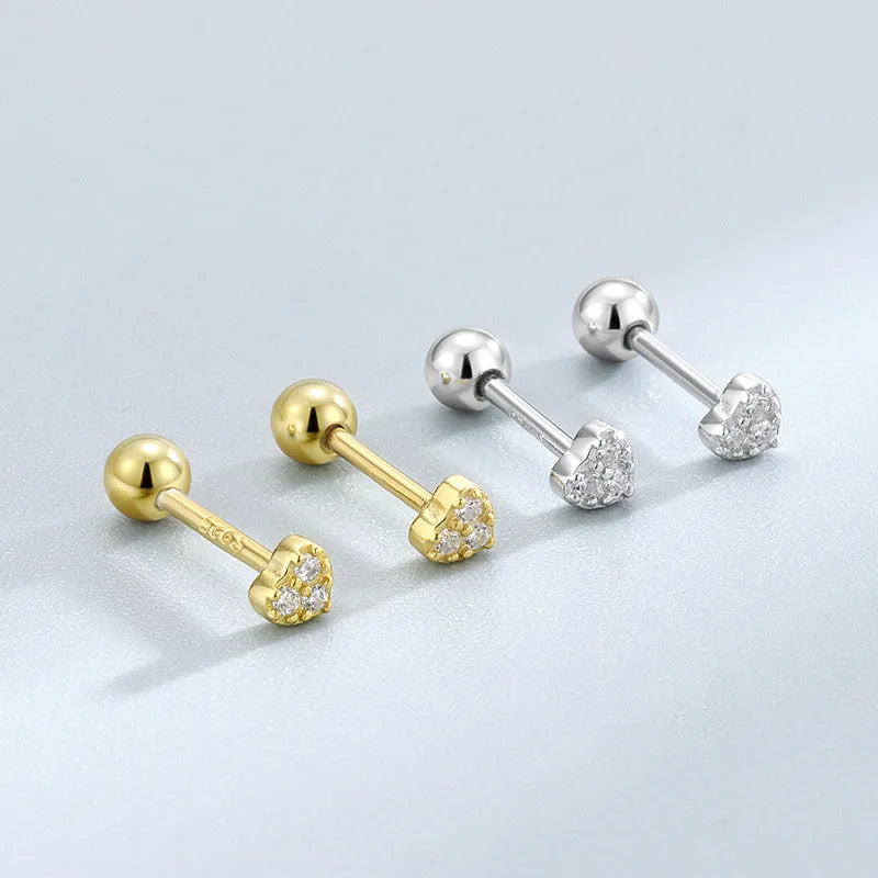 Tiny 925 Sterling Silver Zircon Heart Screw Back Stud Earrings Gold Plated Heart Cartilage Earrings for Women