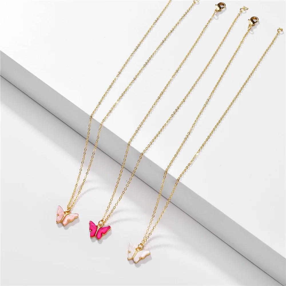 Fashion Gold Plated Chain Set Jewelry Custom Womens Stainless Steel Colorful Pendant butterfly Necklace