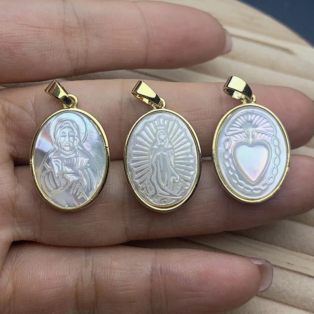 Religious Sacred Heart Guadalupe Jesus Pendants Charms White Mother of Pearl Shell Oval Medal Jewelry Making DIY Women Necklace