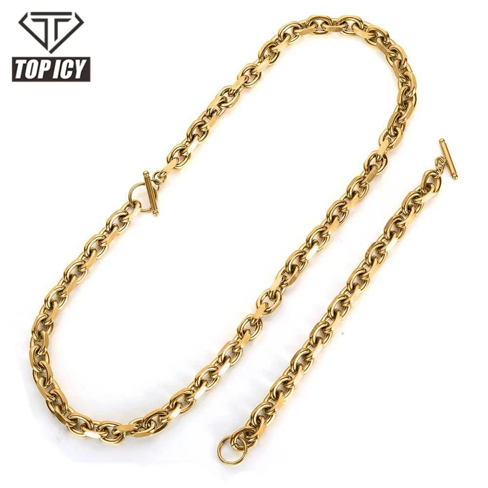 Top Icy 9mm Hip Hop Stainless Steel Cable Chain 18K Gold Plated Bangle Bracelet Punk Style Cuban Necklace Non Tarnish for Men