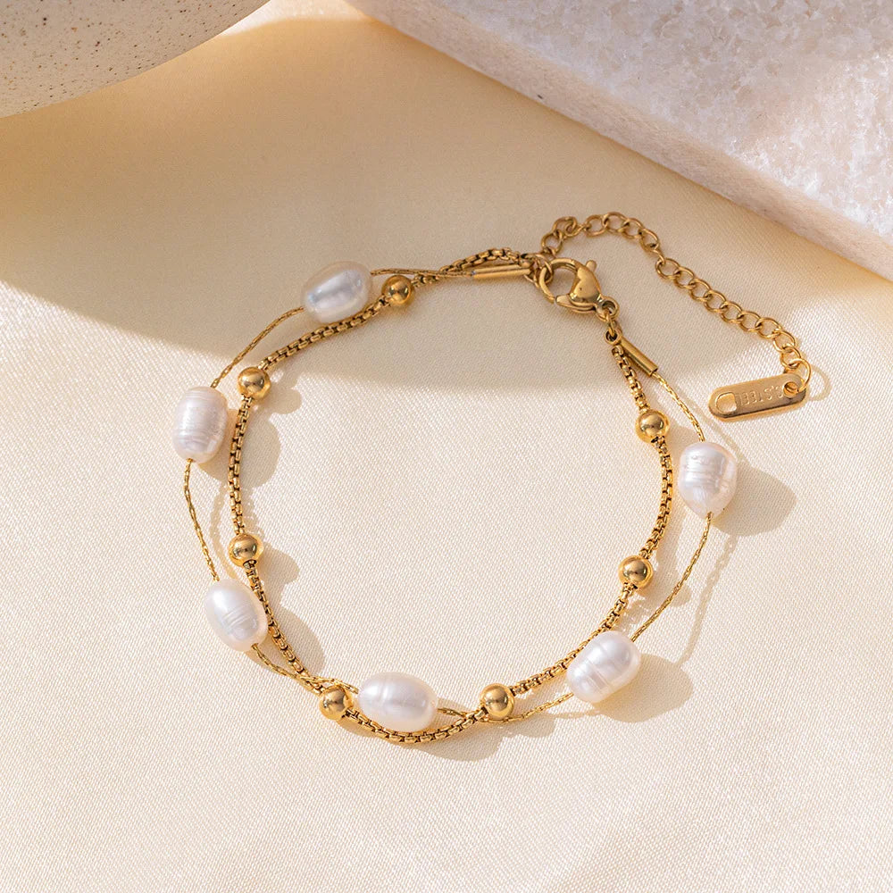 Luxury Jewelry 18K Gold Plated Bead Chain Pearl Bracelet Layered Waterproof Stainless Steel Baroque Pearl Bracelet for Women