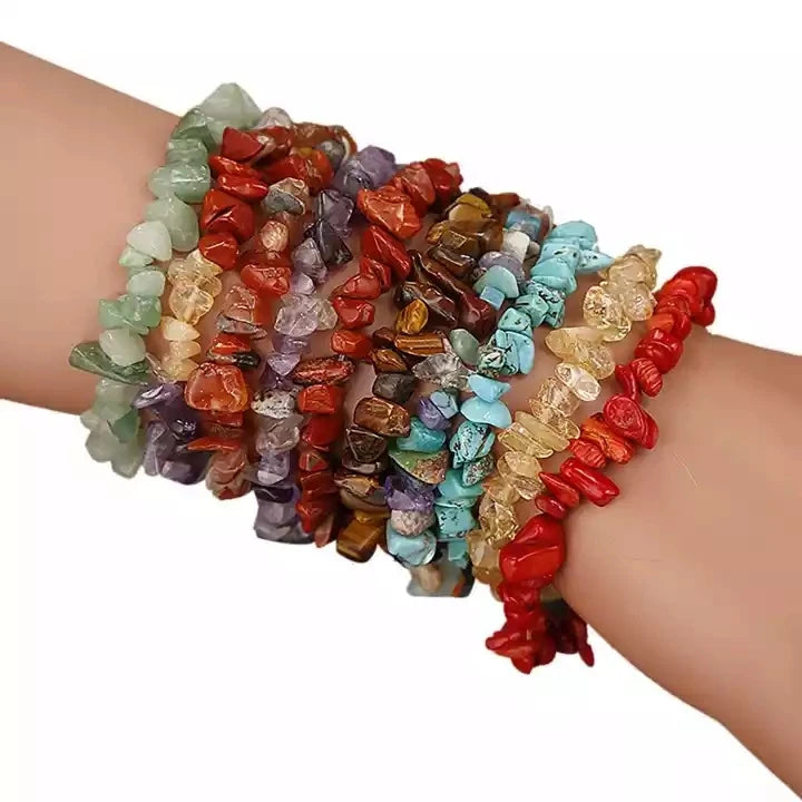 CSJA Hot Healing Natural Crystal Rose Quartz Tiger Eye Irregular Chip Stone Beaded Stretch Bracelet Bracelet for Men Women G365