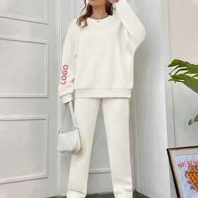 F240029 Custom Printed Embroidery Logo Ladies Warm Cozy Fleece-Lined Crewneck Sweater With Relaxed Fit Pants Women Hoodies Set