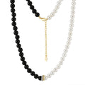 ACME 925 Sterling Silver Bohemian Style Half  Obsidian Pearl Bead Chain  Choker Summer Holiday Necklace