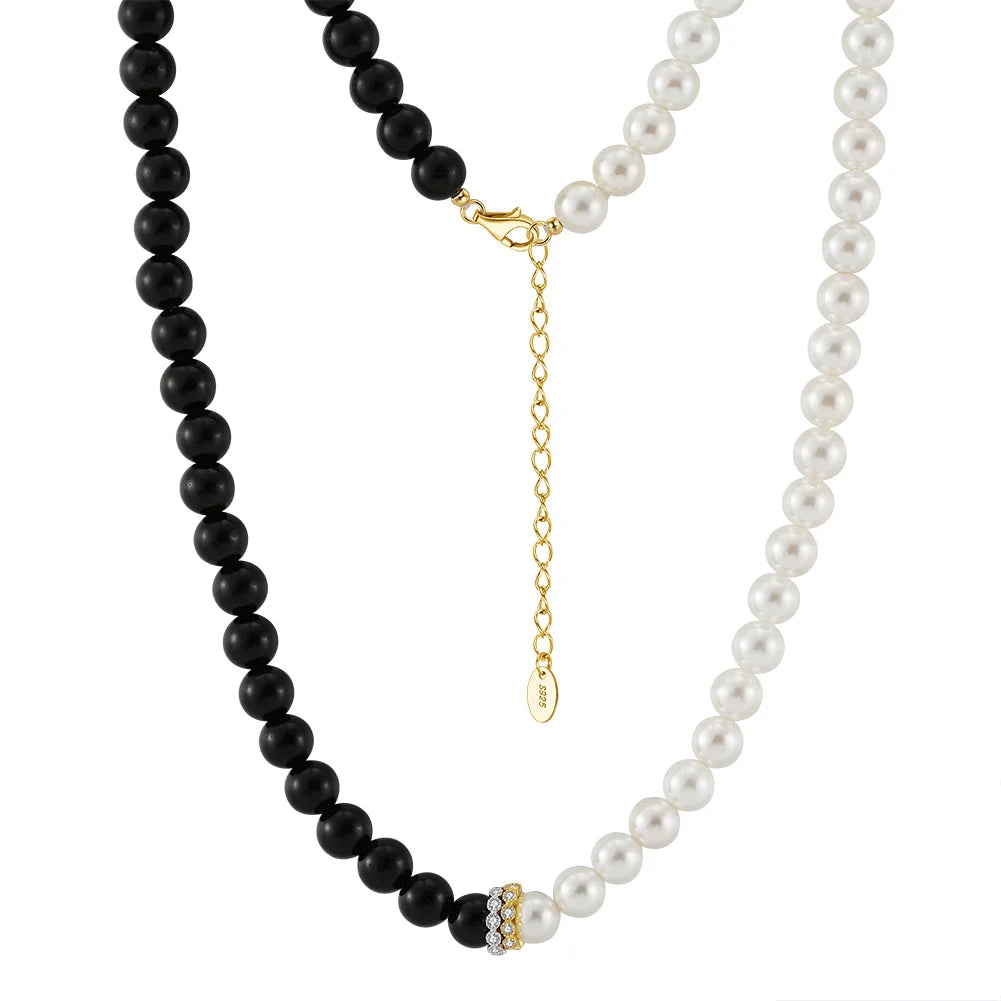 ACME 925 Sterling Silver Bohemian Style Half  Obsidian Pearl Bead Chain  Choker Summer Holiday Necklace