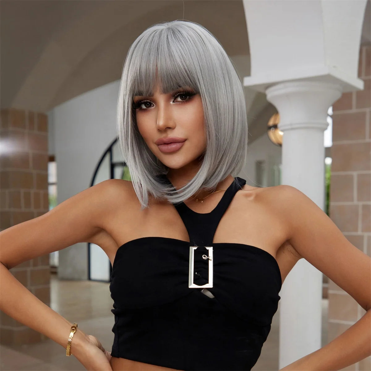 Immediate Delivery Short Straight Bob Burgundy Grey Hair Wigs With Bangs Brown Synthetic Wig Heat Resistant Fiber Fluffy Hair