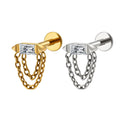 Right Grand ASTM F136 Titanium 16G Baguette CZ Bar Double Chain Tassel Stud Earring Cartilage Helix Flat Back Piercing MegaBDM