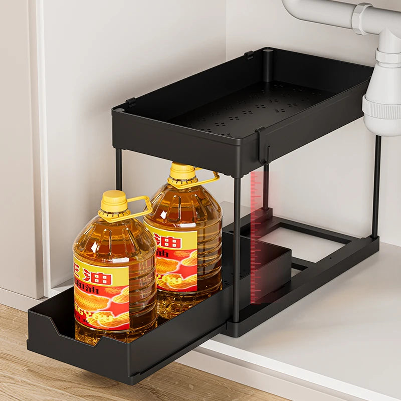Kitchen Bathroom Under Sliding Cabinet Basket Organizer 2 Tier Under Sink Organizer with Hooks Hanging Cup and Chopstick Holders
