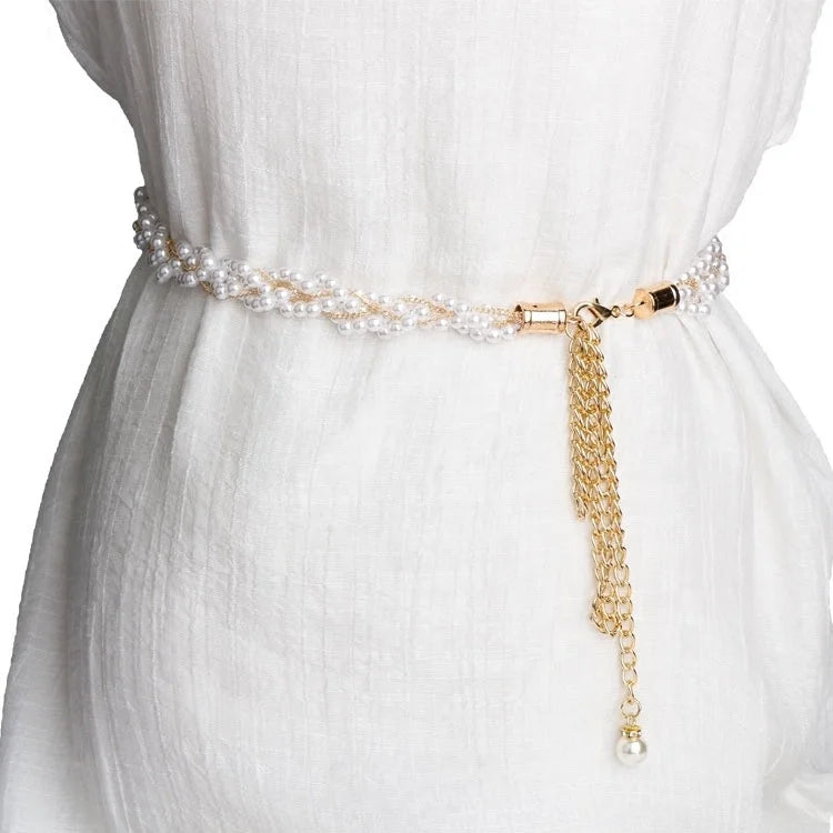 Ladies Dress Decoration Beaded Belt Fashion Pearl Braided Waist Chain Accessories